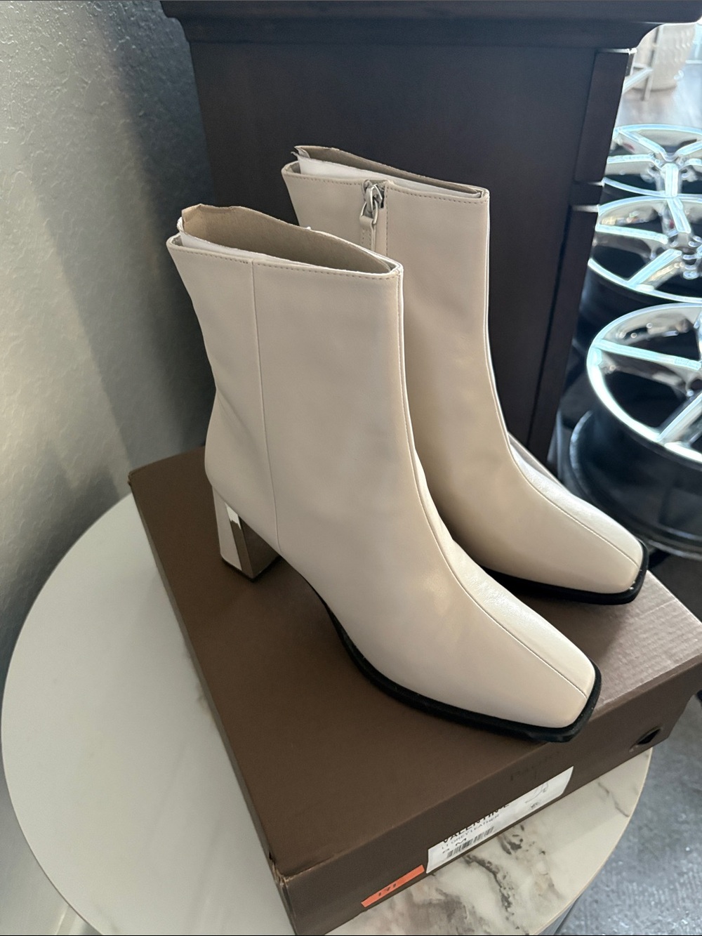 Paolo Ivory Square-Toe Block Heel Ankle Boots Size 8 M